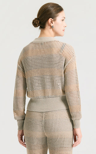 Camel open-knit sequin stripe cropped cardigan, back view with ribbed waistband