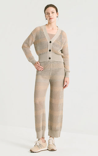 Camel open-knit sequin stripe cropped cardigan with button front and ribbed cuffs