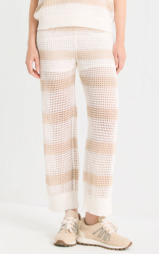 Beige/cream open-knit ankle pants with horizontal stripe bands and ribbed waist
