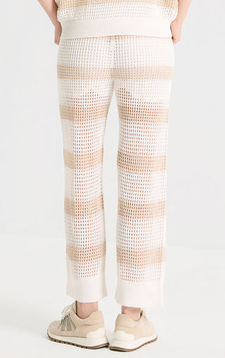 Cream-beige striped open-knit pants with straight leg and ribbed cuffs