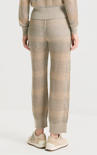 Camel ankle-length open-knit pants with straight legs and ribbed cuffs