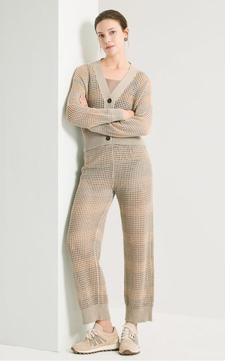 Camel open-knit ankle pants, textured stripe design and straight relaxed leg
