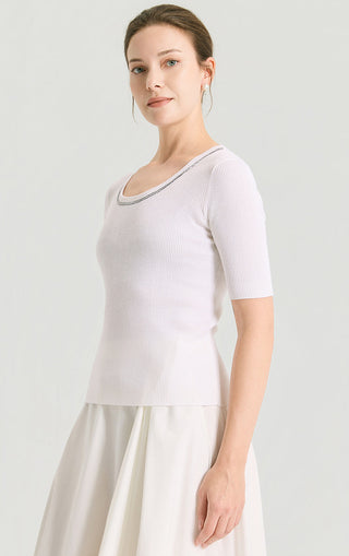 White ribbed knit short-sleeve top, crew neck with beaded trim