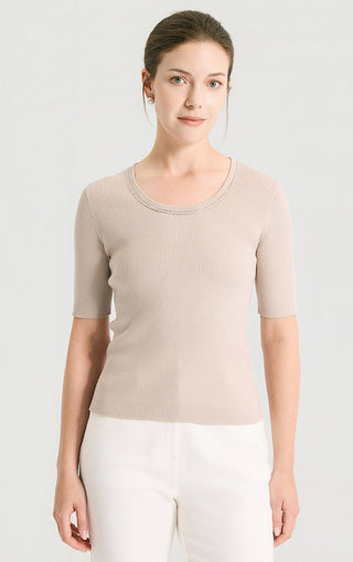 Camel ribbed knit top with crew neck beaded trim and short sleeves