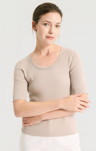 Camel ribbed knit top, crew neck with beaded trim