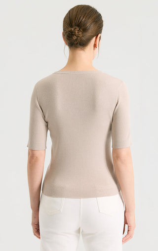 Camel ribbed knit top, back view; crew neck with beaded trim
