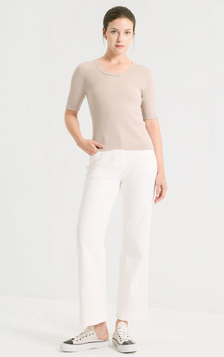 Camel ribbed knit short-sleeve top with beaded crew neckline