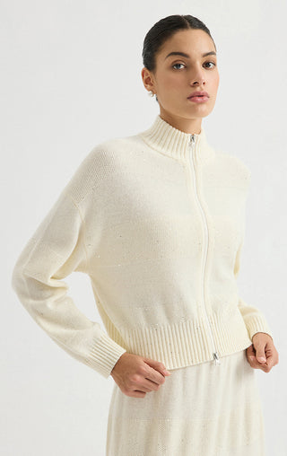 Wool Sequin-Knit Zip Cardigan – Ivory – front model view