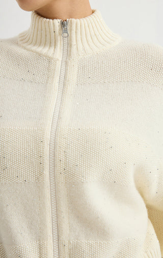 Wool Sequin-Knit Zip Cardigan – Ivory – stand collar and sequin detail