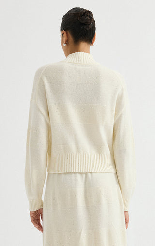 Wool Sequin-Knit Zip Cardigan – Ivory – back model view