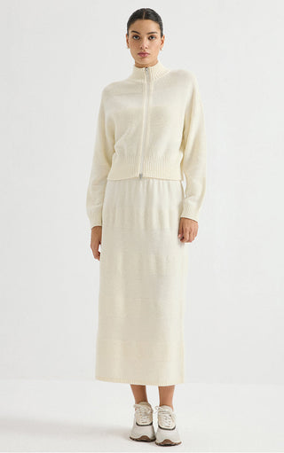 Wool Sequin-Knit Zip Cardigan – Ivory – full-length model view