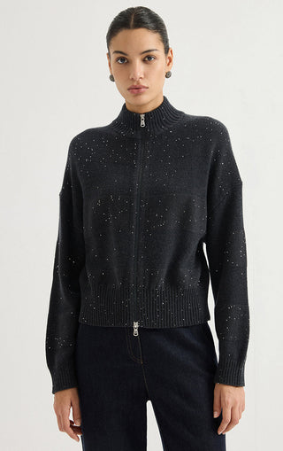 Wool Sequin-Knit Zip Cardigan – Graphite Grey – front model view