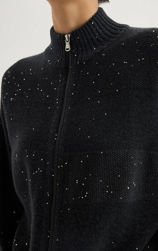 Wool Sequin-Knit Zip Cardigan – Graphite Grey – collar and zip detail