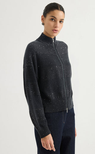 Wool Sequin-Knit Zip Cardigan – Graphite Grey – three-quarter model view