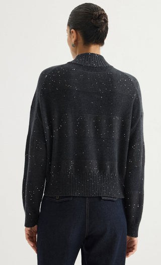Wool Sequin-Knit Zip Cardigan – Graphite Grey – back model view
