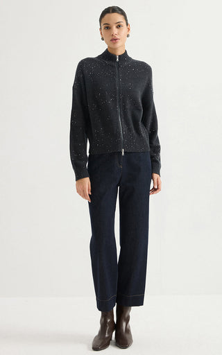 Wool Sequin-Knit Zip Cardigan – Graphite Grey – full-length model view