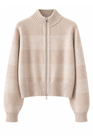 Wool Sequin-Knit Zip Cardigan – Taupe – front product view