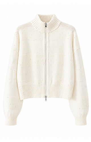 Wool Sequin-Knit Zip Cardigan – Ivory – front product view