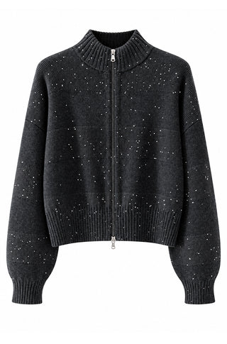 Wool Sequin-Knit Zip Cardigan – Graphite Grey – front product view