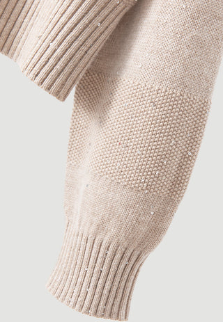 Wool Sequin-Knit Zip Cardigan – Taupe – sleeve and cuff detail