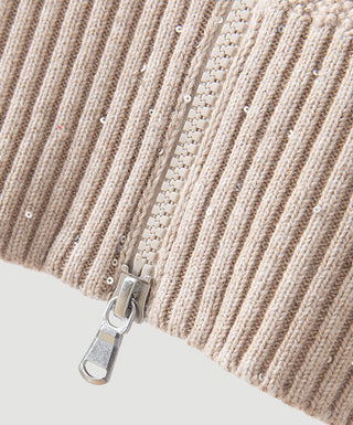 Wool Sequin-Knit Zip Cardigan – Taupe – two-way zip and ribbed hem detail