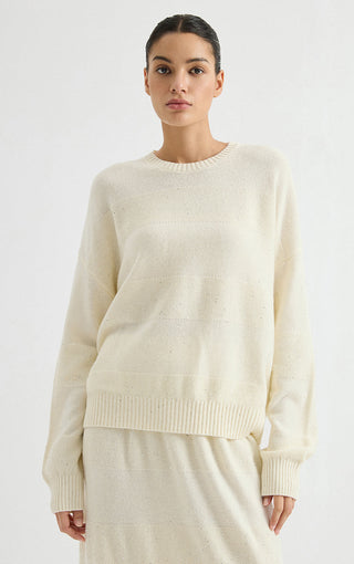 Wool Sequin-Knit Crewneck Sweater – Ivory – front model view
