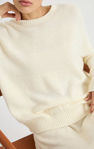 Wool Sequin-Knit Crewneck Sweater – Ivory – sequin knit detail