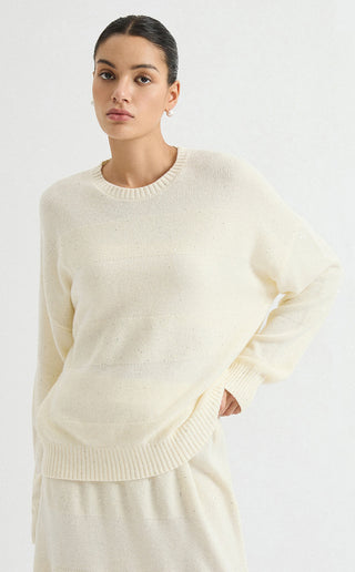 Wool Sequin-Knit Crewneck Sweater – Ivory – three-quarter model view