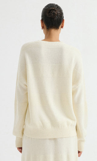 Wool Sequin-Knit Crewneck Sweater – Ivory – back model view