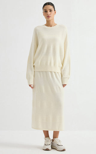 Wool Sequin-Knit Crewneck Sweater – Ivory – full-length model view