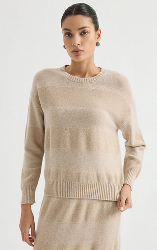 Wool Sequin-Knit Crewneck Sweater – Taupe – front model view