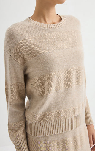 Wool Sequin-Knit Crewneck Sweater – Taupe – neckline and knit detail