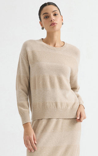 Wool Sequin-Knit Crewneck Sweater – Taupe – three-quarter model view
