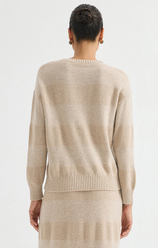 Wool Sequin-Knit Crewneck Sweater – Taupe – back model view