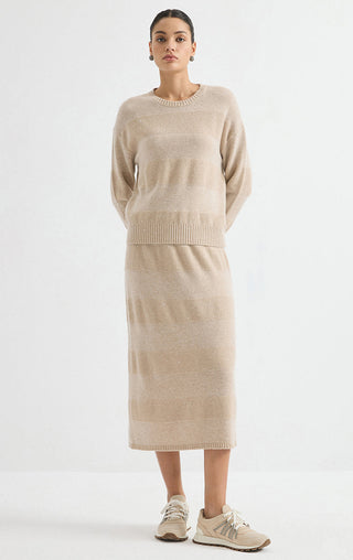 Wool Sequin-Knit Crewneck Sweater – Taupe – full-length model view