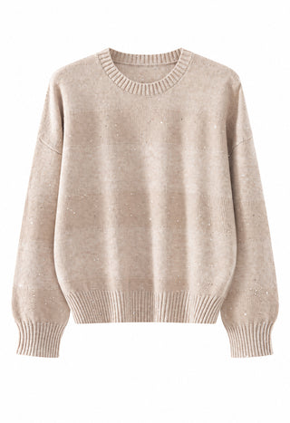 Wool Sequin-Knit Crewneck Sweater – Taupe – front product view