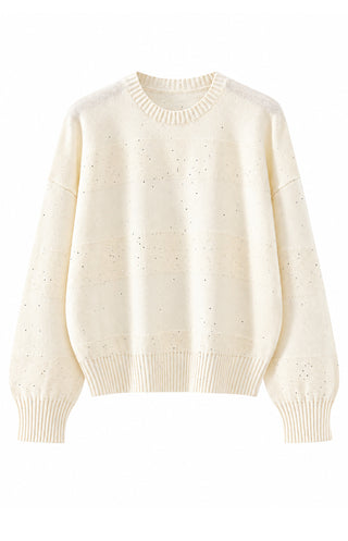 Wool Sequin-Knit Crewneck Sweater – Ivory – front product view