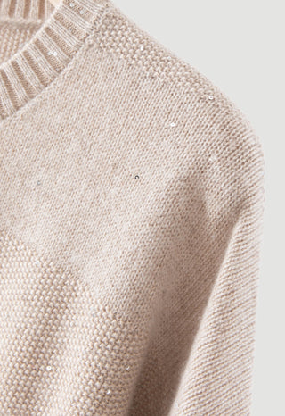 Wool Sequin-Knit Crewneck Sweater – Taupe – crew neckline and knit detail