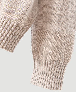 Wool Sequin-Knit Crewneck Sweater – Taupe – sleeve and ribbed cuff detail