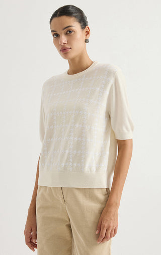 Ivory cashmere houndstooth short-sleeve sweater, crew neck, elbow sleeves