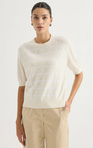 Ivory cashmere houndstooth short-sleeve sweater with ribbed hem and cuffs