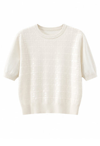 White cashmere short-sleeve sweater with textured houndstooth pattern