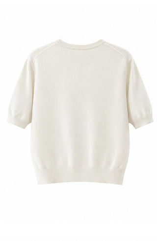 White cashmere short-sleeve sweater with subtle houndstooth knit
