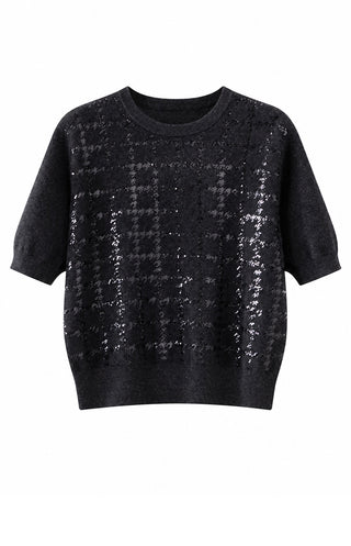 Black cashmere short-sleeve sweater with subtle houndstooth pattern