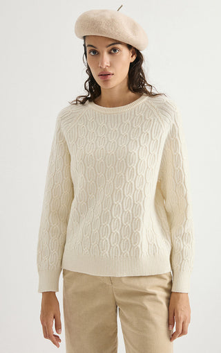 Wool Cable-Knit Raglan Sweater – Ivory – front model view