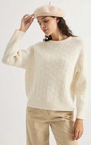 Wool Cable-Knit Raglan Sweater – Ivory – three-quarter model view