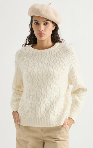 Wool Cable-Knit Raglan Sweater – Ivory – relaxed front view