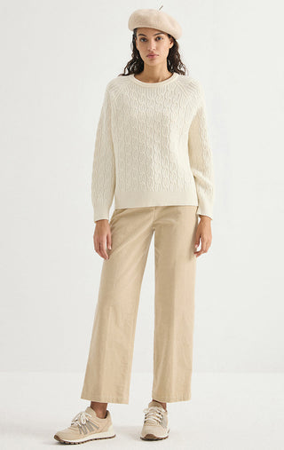 Wool Cable-Knit Raglan Sweater – Ivory – full-length model view