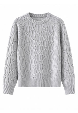 Wool Cable-Knit Raglan Sweater – Light Grey – front product view