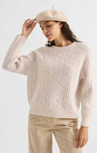 Wool Cable-Knit Raglan Sweater – Oatmeal – three-quarter model view